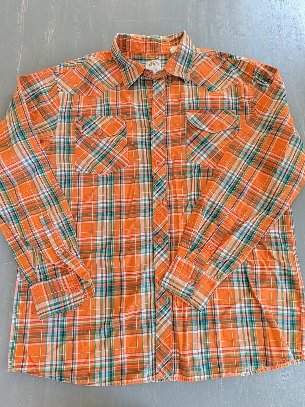 Source Unknown Orange Plaid Button-Down Shirt with Green and White, Size XL